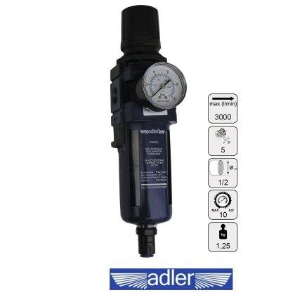 Regulátor tlaku vzduchu s filtrom a manometrom do 10 bar 1/2" Adler Industrial
