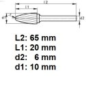Rotačná fréza na tvrdé kovy 10x20 mm  L65mm  S6  RBF1020  ASTA