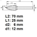 Rotačná fréza na tvrdé kovy 12x25 mm  L70mm  S6  RBF1225  ASTA