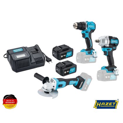 AKU SET - vrtačka + rázový uťahovák 1/2" + uhlová brúska + 2x akumulátor 18V 5 Ah + nabíjačka  HAZET